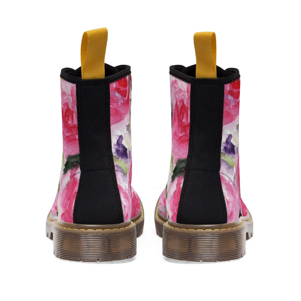 Abstract Pink Floral Women's Boots - Vintage Rose Print Designer Hiking Boots (US Size 6.5-11)