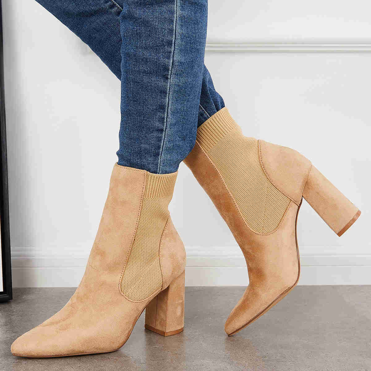 Chunky Block High Heel Ankle Boots - Western Suede Booties for Women
