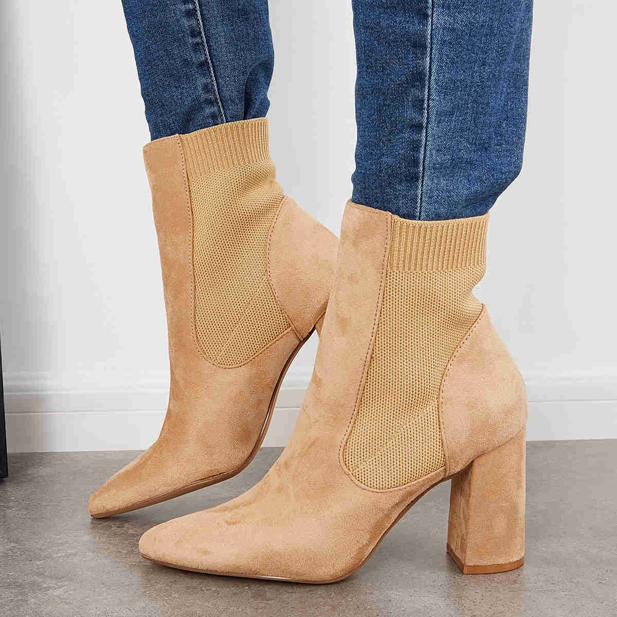Chunky Block High Heel Ankle Boots - Western Suede Booties for Women