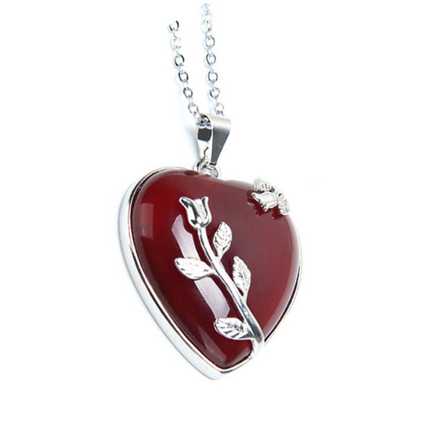 European Fashion Heart Stone Chain Necklace with Opal Love Pendant - Trendy Valentines Day Gift for Women