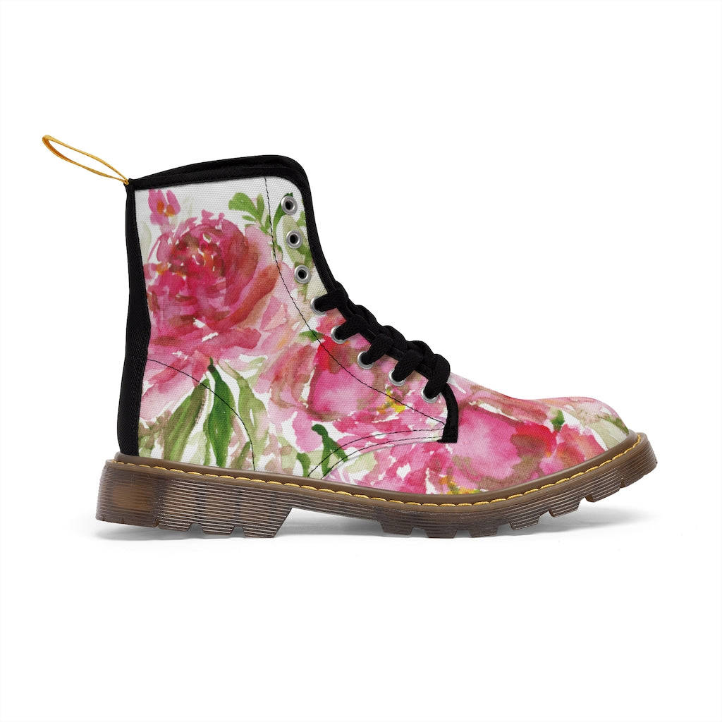 Rose Floral Print Women's Combat Boots - Watercolor Rose Flower Design