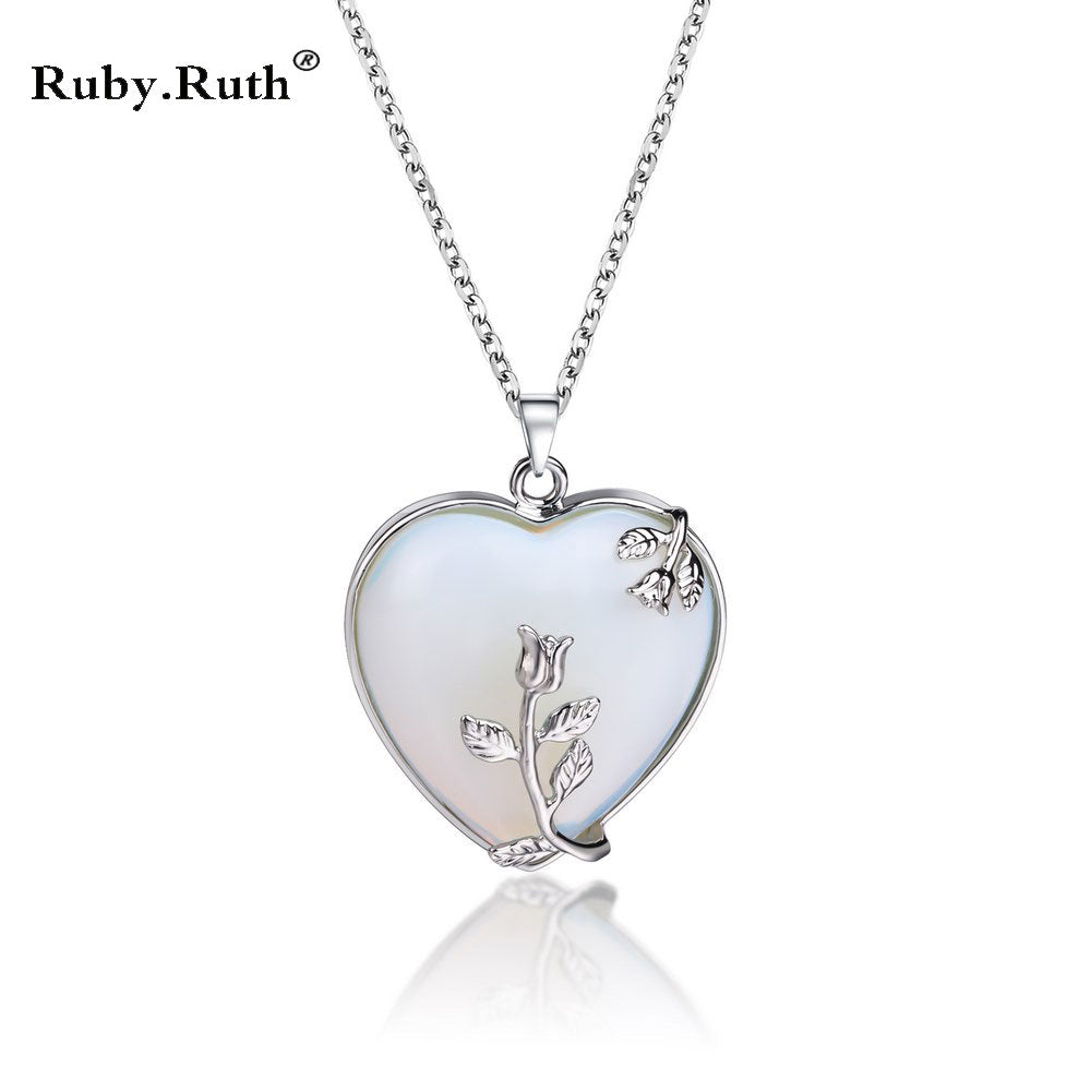 European Fashion Heart Stone Chain Necklace with Opal Love Pendant - Trendy Valentines Day Gift for Women