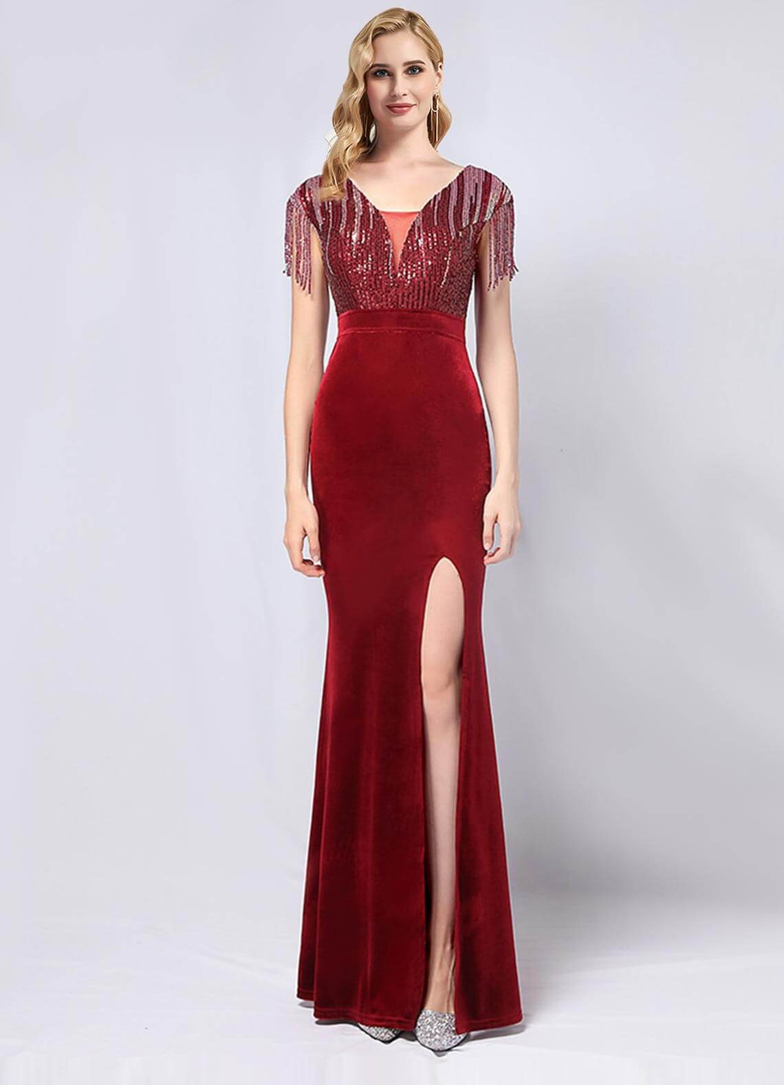 Wine Red Velvet Sequin Tassels Mermaid Maxi Formal Gown With Slit