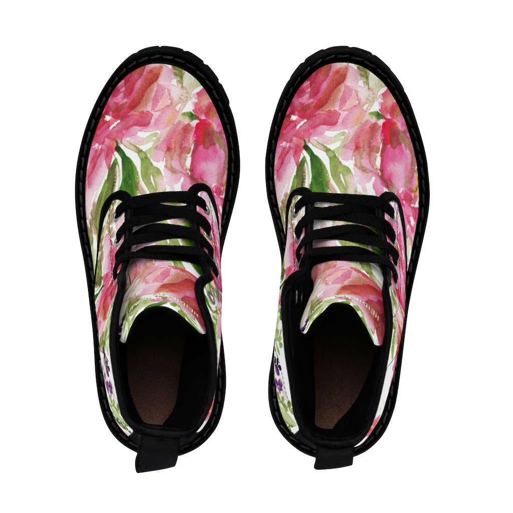 Rose Floral Print Women's Combat Boots - Watercolor Rose Flower Design