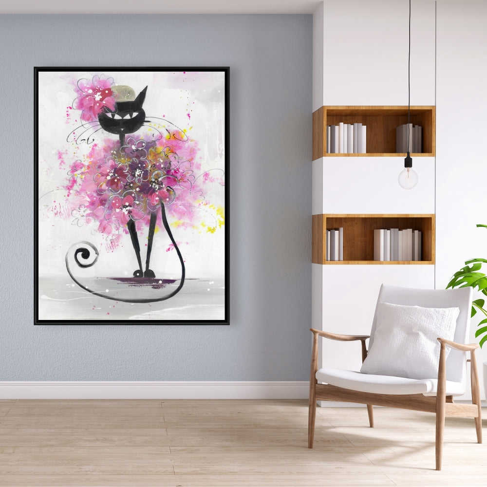 Cartoon Cat With Pink Flowers - Fine Art Gallery Wrapped Canvas 24x36