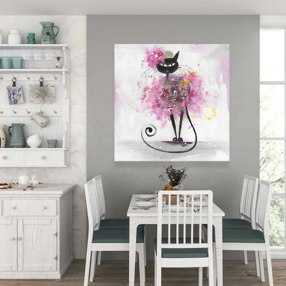 Cartoon Cat With Pink Flowers - Fine Art Gallery Wrapped Canvas 24x36