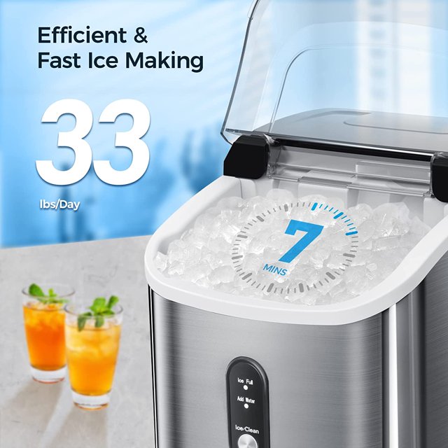 KISSAIR Portable Ice Maker Machine with Self-Cleaning Function, 33lbs/24H, Stainless Steel, Pellet Ice Maker for Home/Kitchen/Office (Silver)