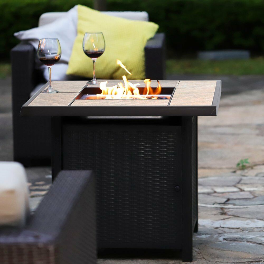 Premium Outdoor Propane Patio Heater Gas Fire Pit Blue Table Glass