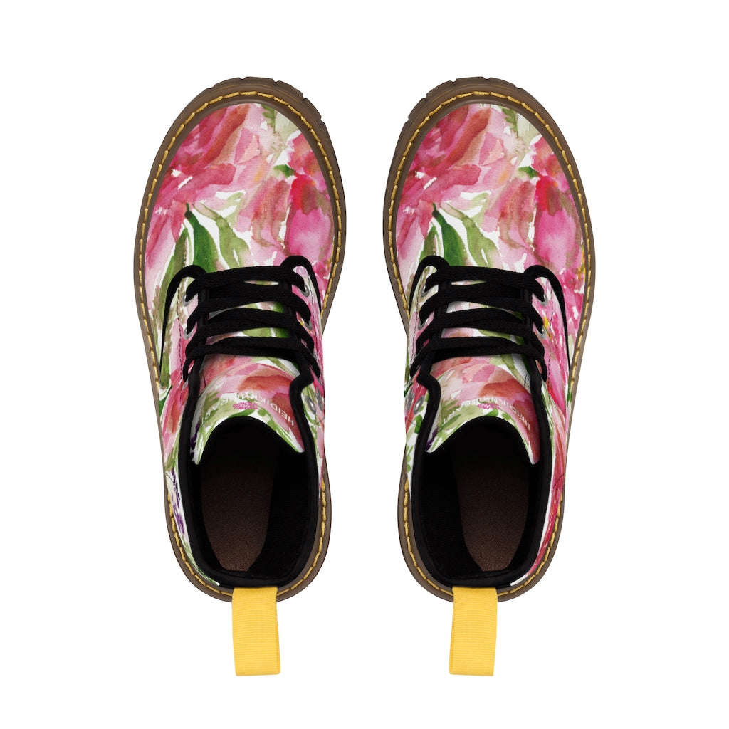 Rose Floral Print Women's Combat Boots - Watercolor Rose Flower Design