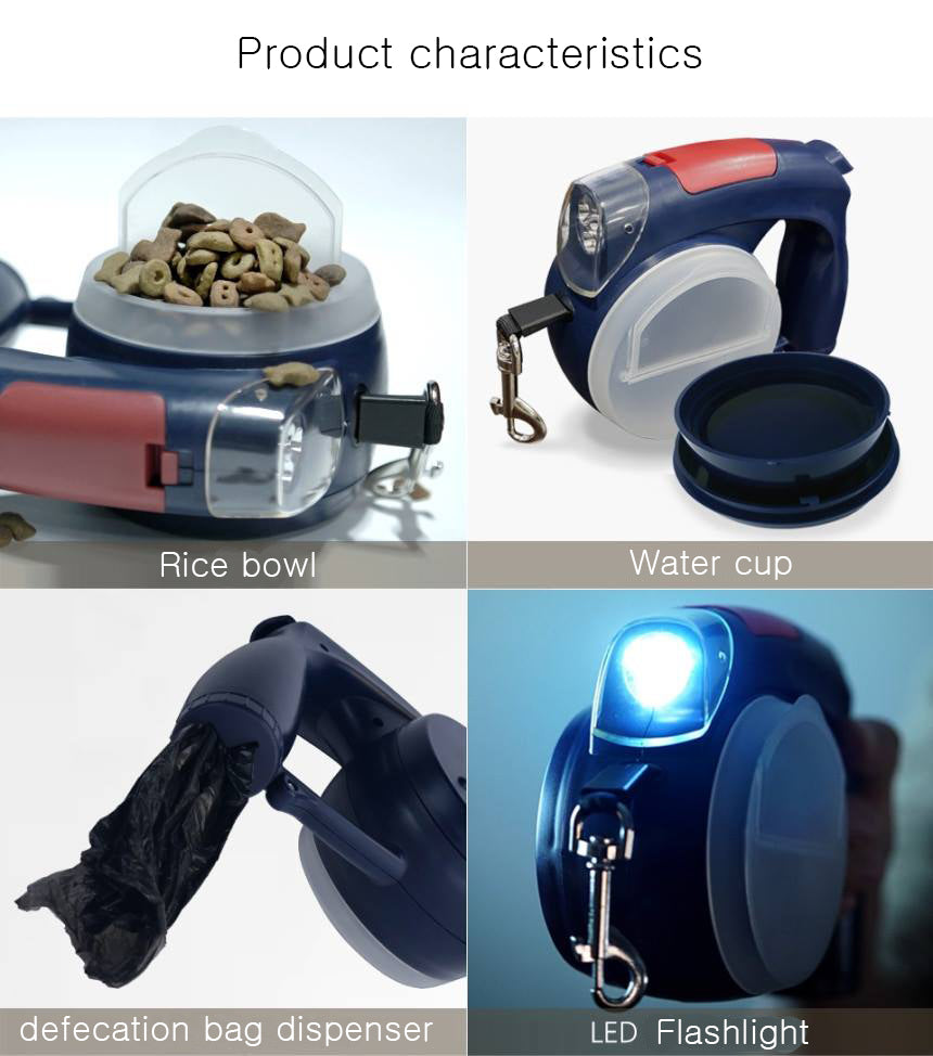 5-in-1 Multi-Functional Dog Leash with Rice Bowl, Water Cup, Toilet Bag Dispenser, and LED Light