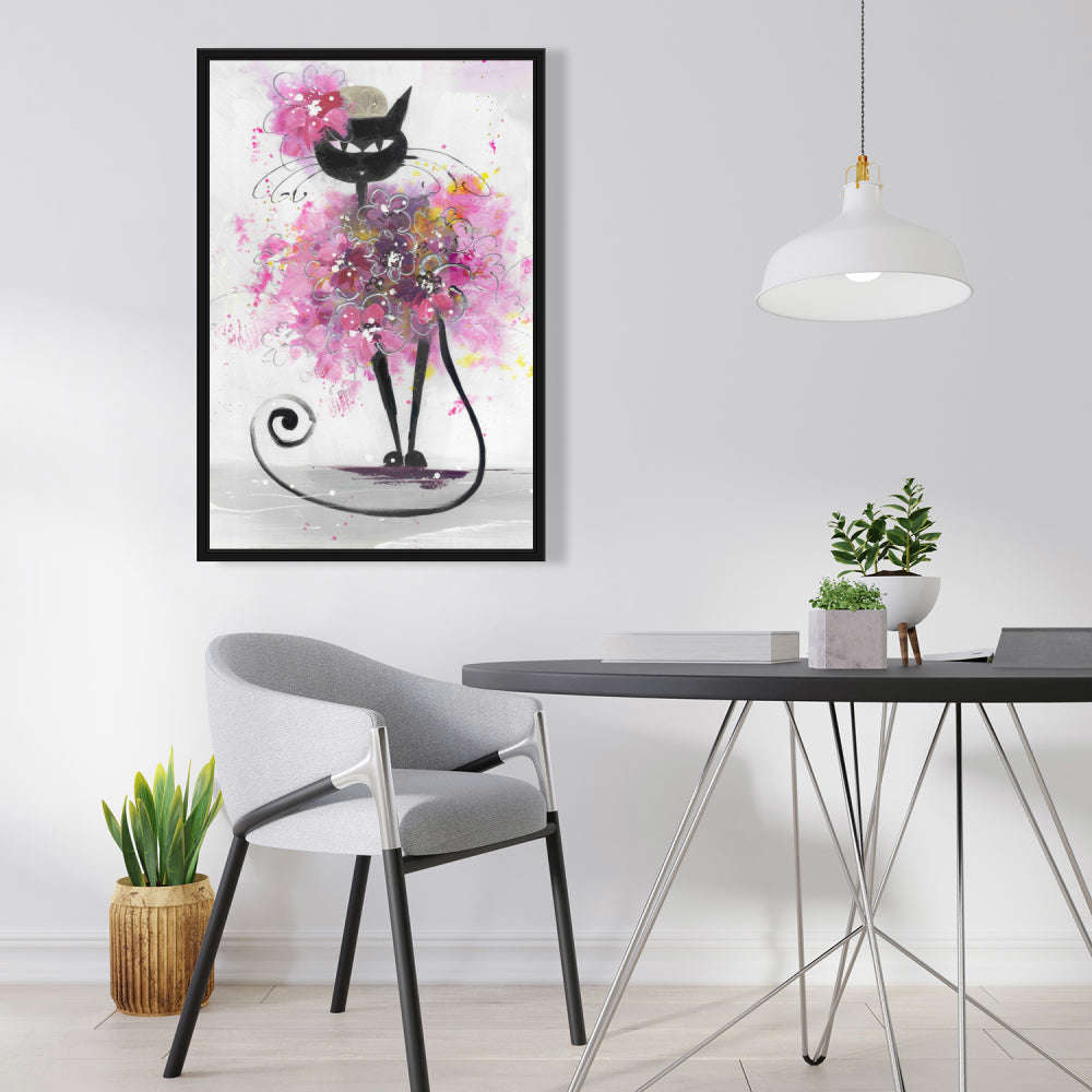 Cartoon Cat With Pink Flowers - Fine Art Gallery Wrapped Canvas 24x36