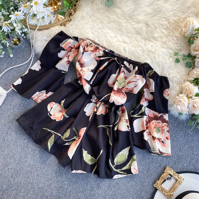 2020 Summer New Chiffon Women Playsuits and Rompers Floral Slash Neck Flare Sleeved Wide Leg Short Lady Clothing Tops