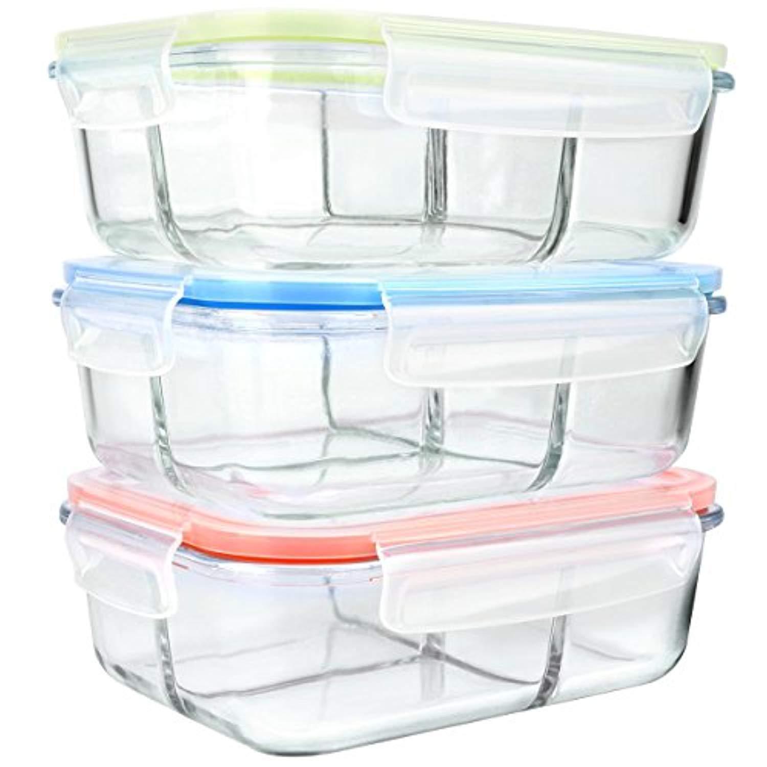 Glass Meal Prep Containers 3 Compartment with Airtight Lids - BPA Free, Microwave & Dishwasher Safe