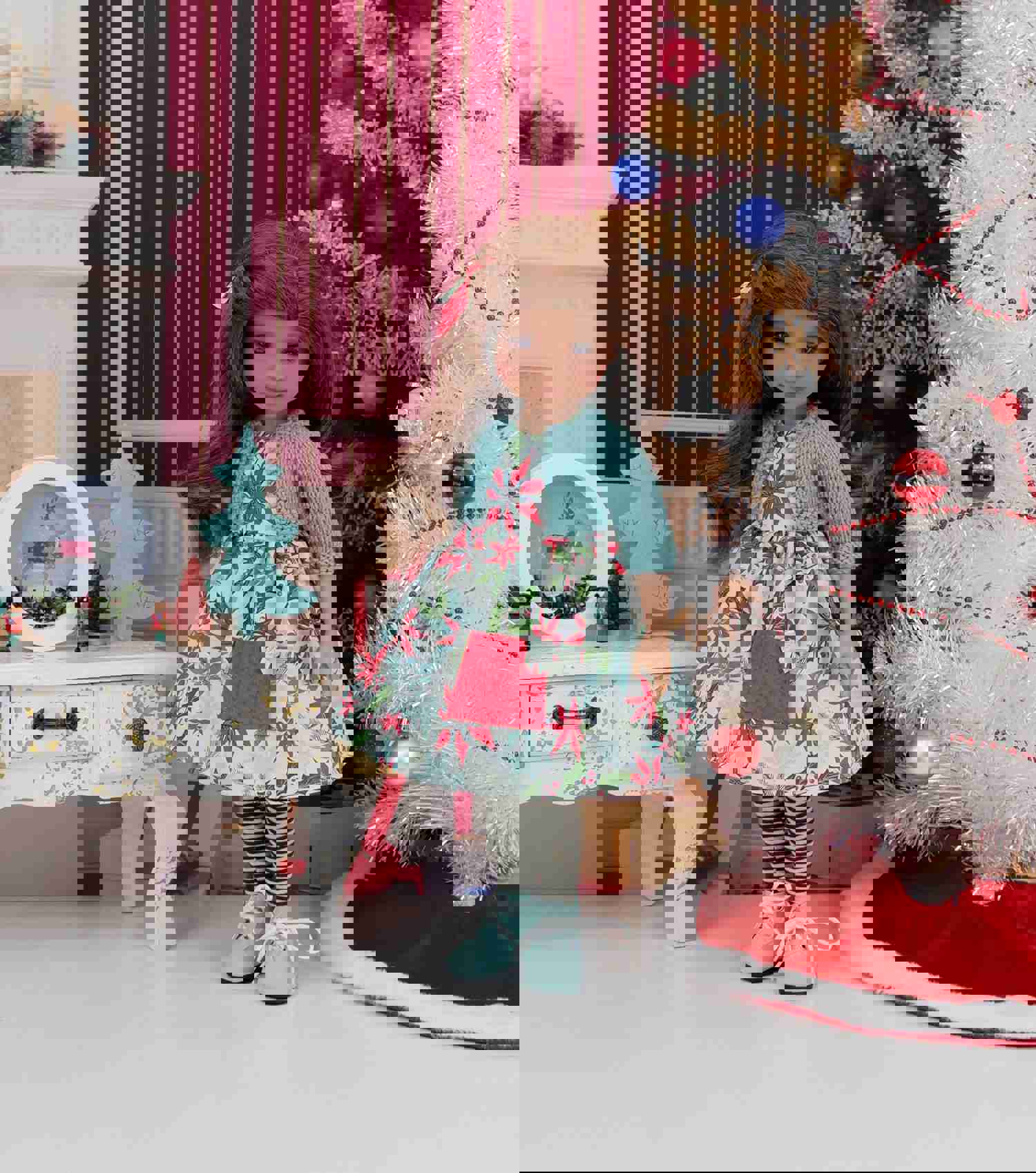 Mid Century Poinsettias Dress with Sweater & Boots for Ruby Red Fashion Friends Doll