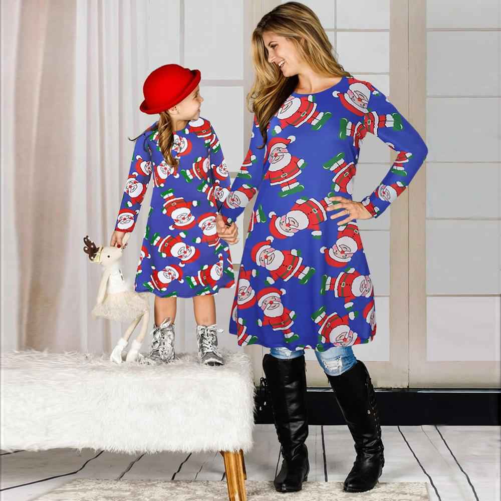 Fashion Santa Claus Print Mom and Girl Dresses Long Sleeve Christmas Family Outfits