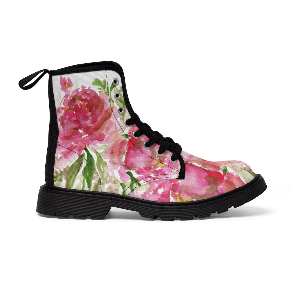 Rose Floral Print Women's Combat Boots - Watercolor Rose Flower Design