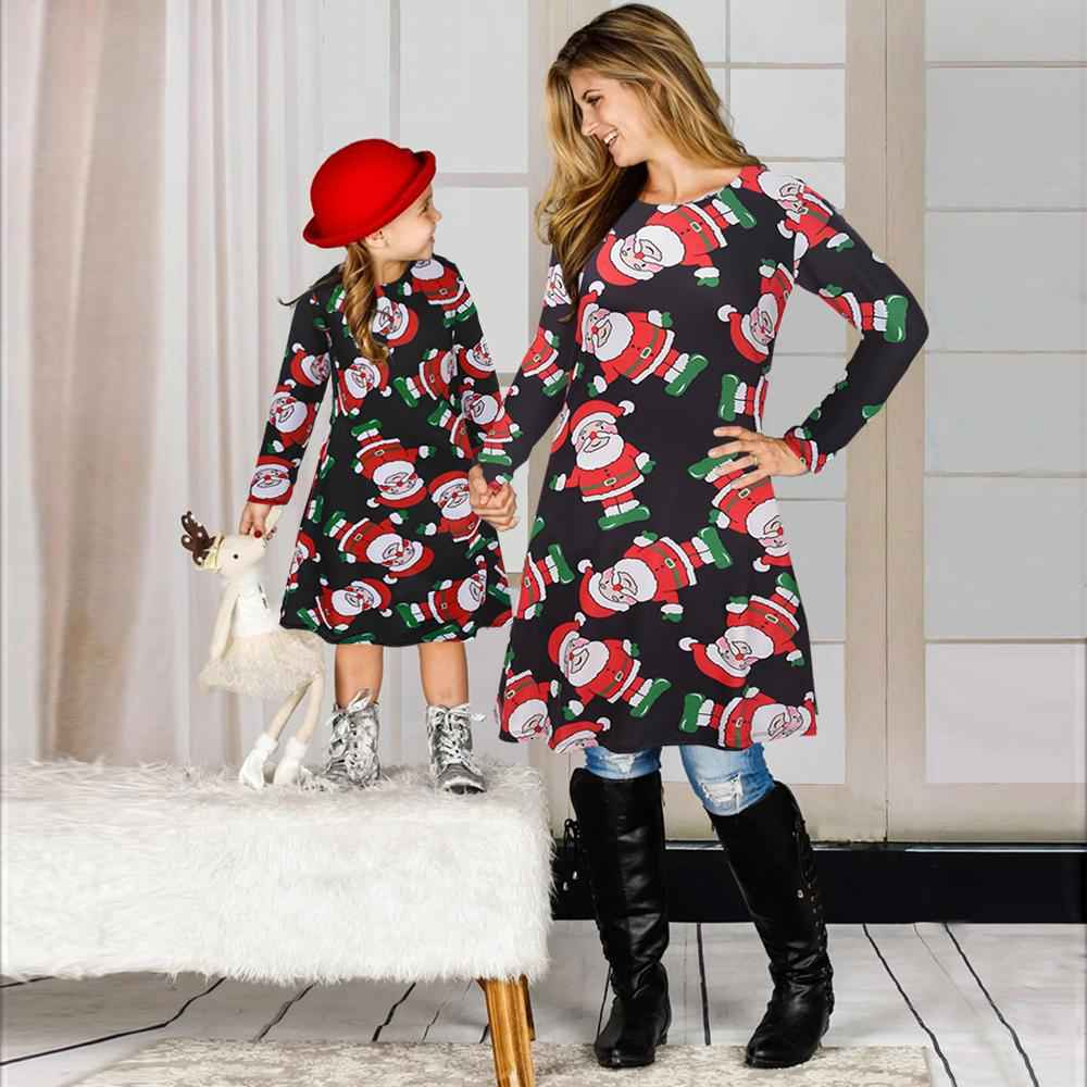 Fashion Santa Claus Print Mom and Girl Dresses Long Sleeve Christmas Family Outfits