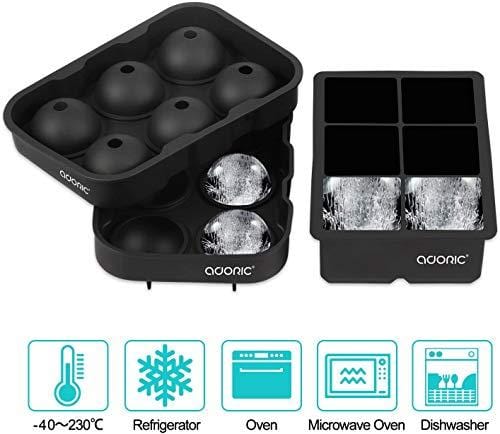 Adoric Silicone Ice Cube Trays Set of 2 with Sphere Ice Ball Maker and Large Square Molds