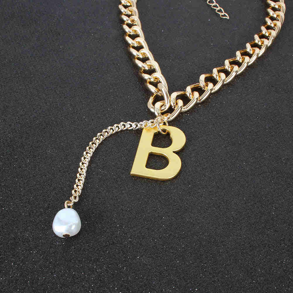 Gold Letter B Pendant Punk Choker Necklace for Women - Irregular Pearl Statement Jewelry