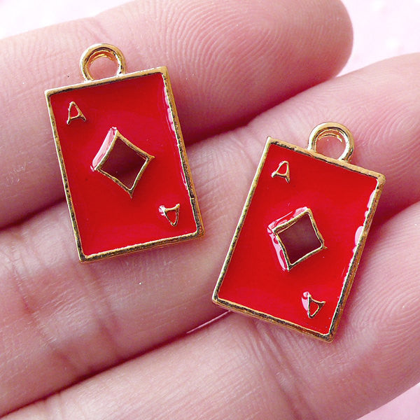 Ace of Diamond Enamel Charms (2pcs, Gold & Red) - Jewelry Making & Decoration