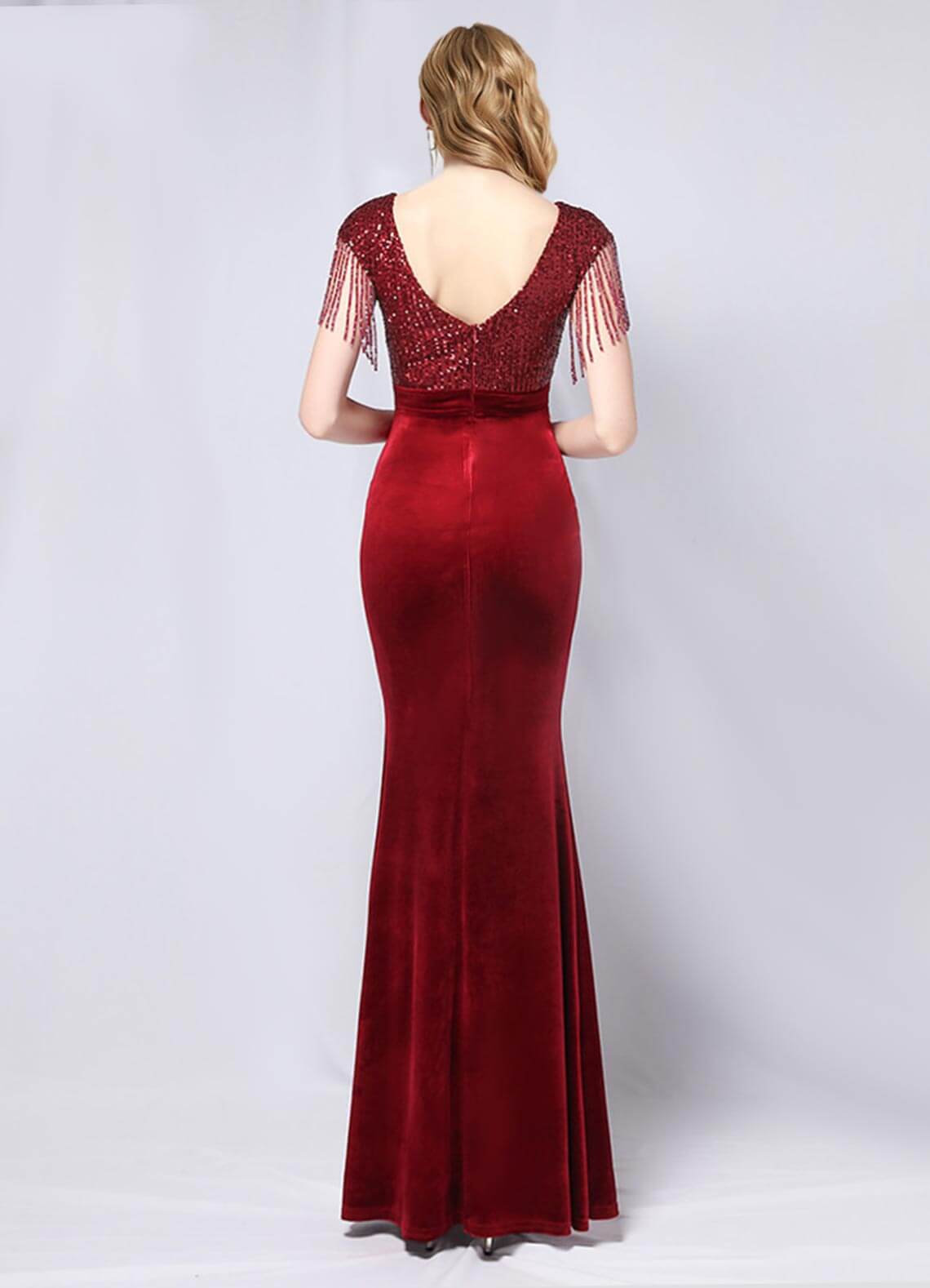 Wine Red Velvet Sequin Tassels Mermaid Maxi Formal Gown With Slit