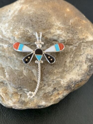 Handmade Zuni Turquoise MOP Inlay Dragonfly Sterling Silver Necklace Pendant