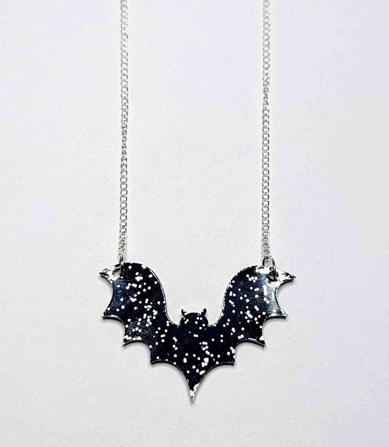 Large Acrylic Bat Pendant Necklace with Black Sparkle Glitter and 18-inch Silver Plated Chain