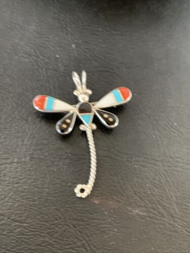 Handmade Zuni Turquoise MOP Inlay Dragonfly Sterling Silver Necklace Pendant