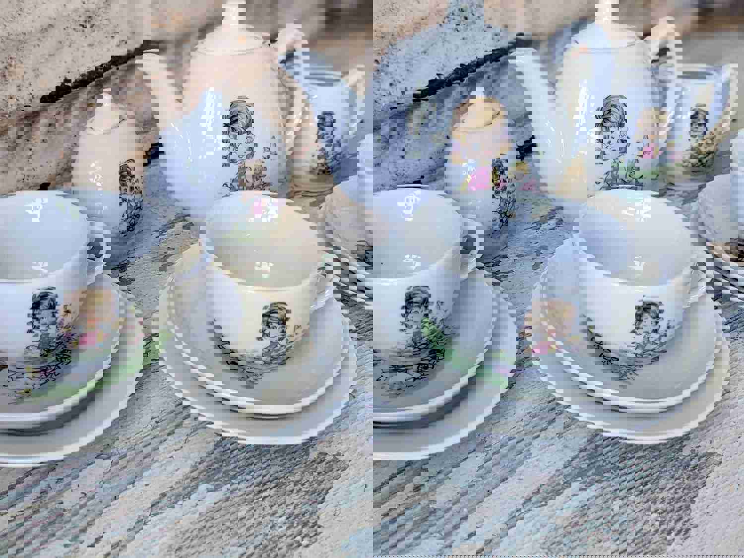 1950s Rare Pattern Toy China Tea Set Complete 15 Piece Set Girl Baby Doll Stroller Carriage Made In Japan