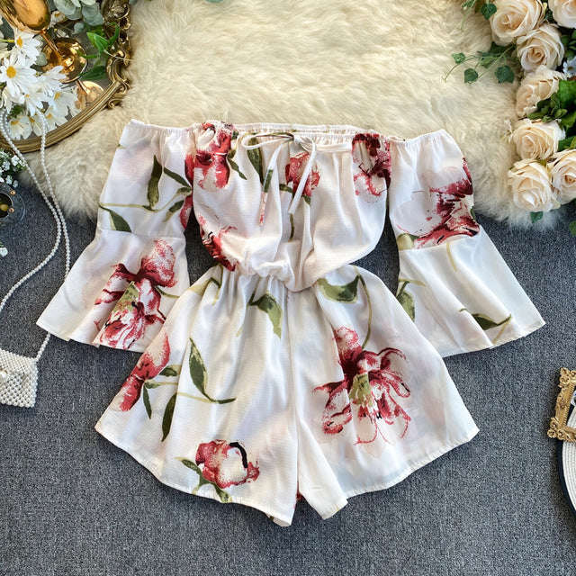 2020 Summer New Chiffon Women Playsuits and Rompers Floral Slash Neck Flare Sleeved Wide Leg Short Lady Clothing Tops