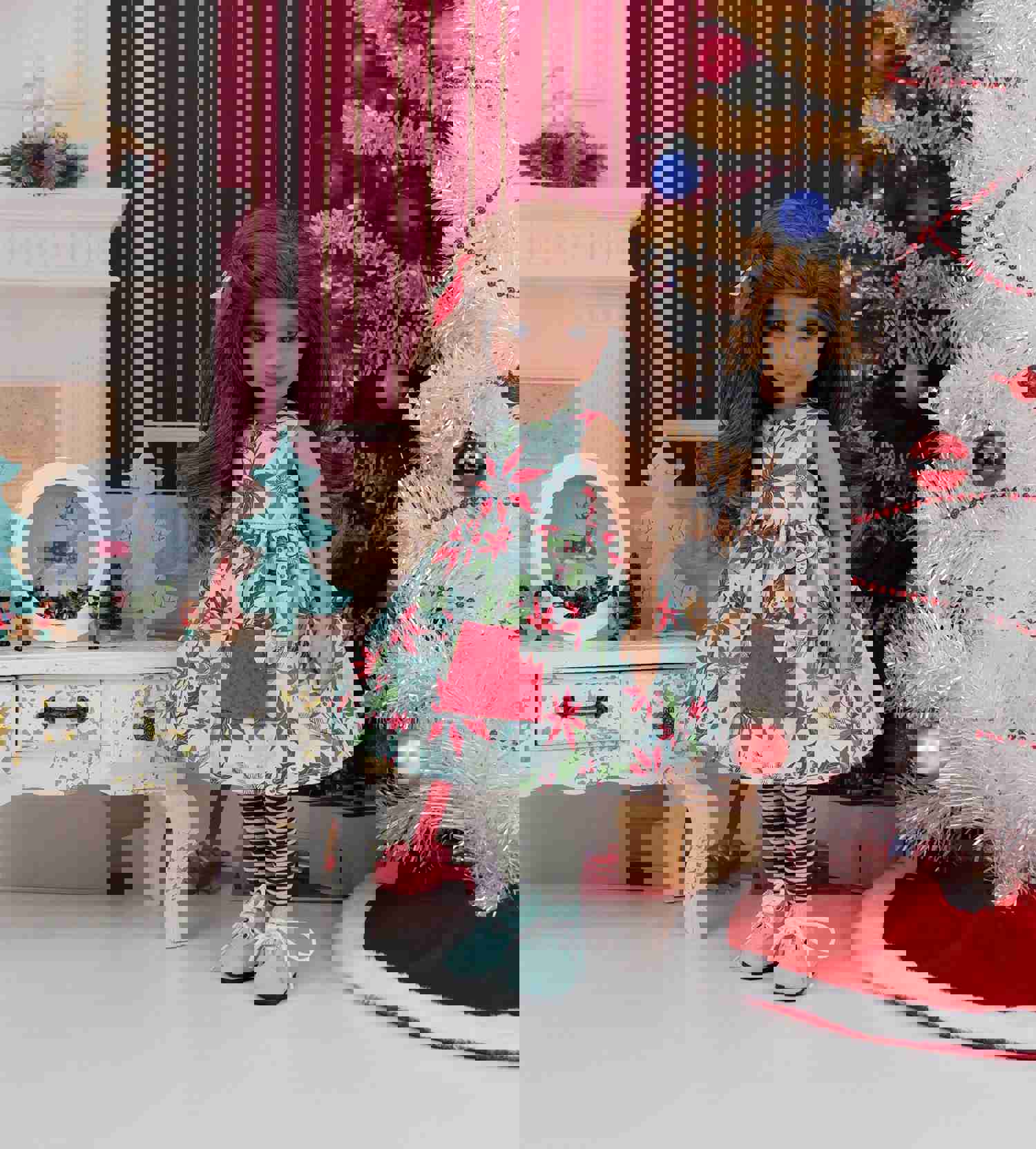 Mid Century Poinsettias Dress with Sweater & Boots for Ruby Red Fashion Friends Doll