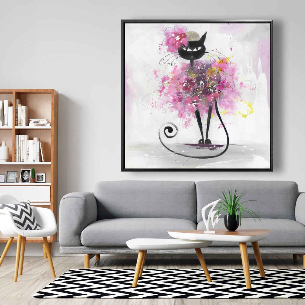 Cartoon Cat With Pink Flowers - Fine Art Gallery Wrapped Canvas 24x36