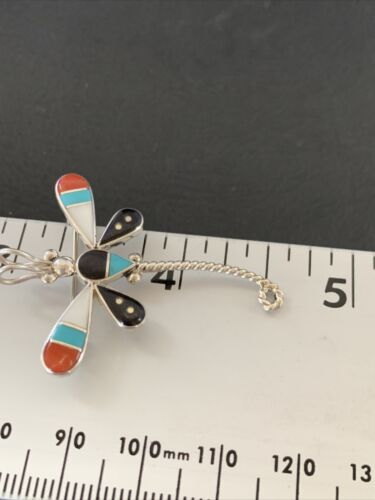 Handmade Zuni Turquoise MOP Inlay Dragonfly Sterling Silver Necklace Pendant