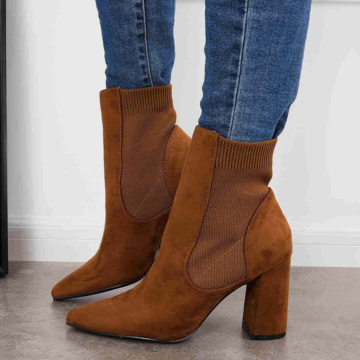Chunky Block High Heel Ankle Boots - Western Suede Booties for Women