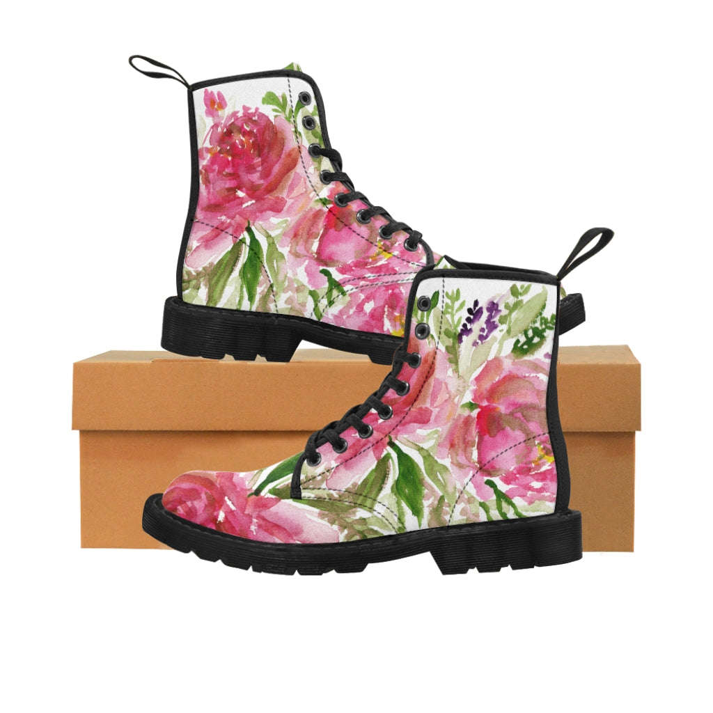 Rose Floral Print Women's Combat Boots - Watercolor Rose Flower Design