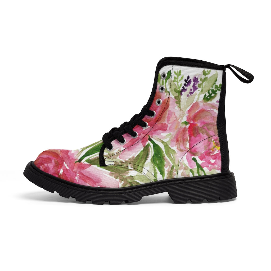 Rose Floral Print Women's Combat Boots - Watercolor Rose Flower Design