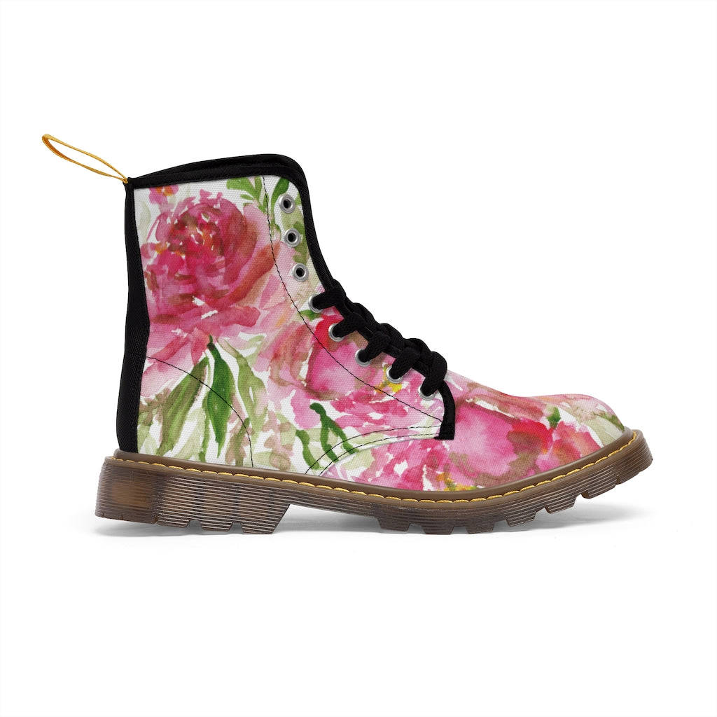 Rose Floral Print Women's Combat Boots - Watercolor Rose Flower Design