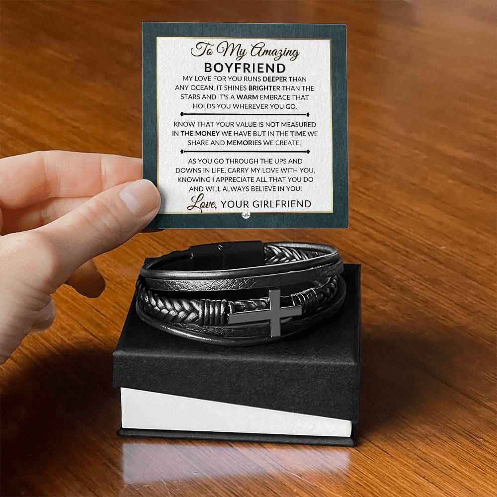 Best Gift For Boyfriend - Mens Braided Leather Bracelet with Cross
