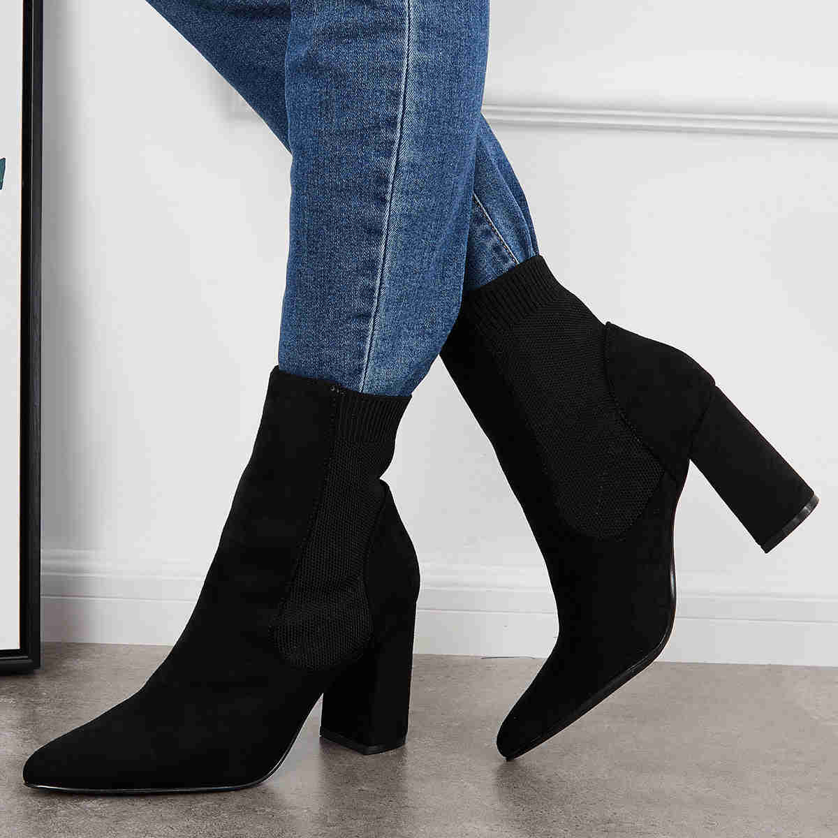 Chunky Block High Heel Ankle Boots - Western Suede Booties for Women