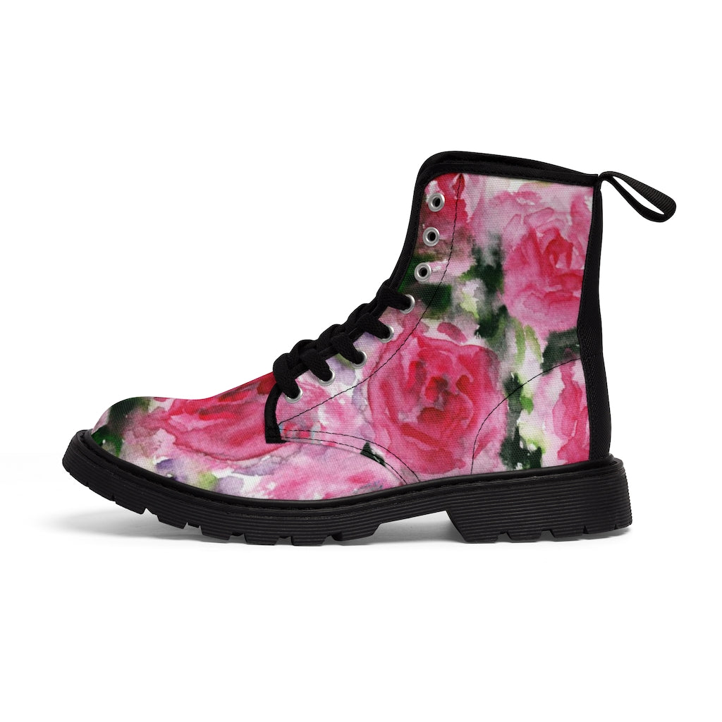 Abstract Pink Floral Women's Boots - Vintage Rose Print Designer Hiking Boots (US Size 6.5-11)