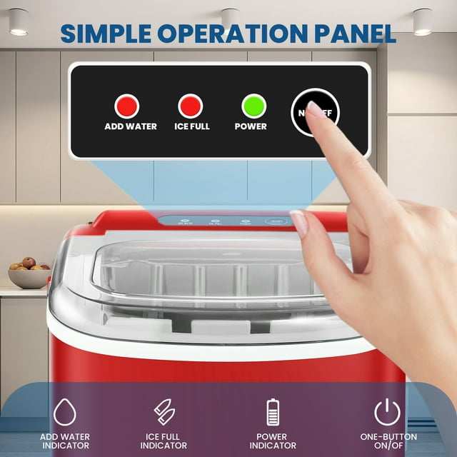 KISSAIR Portable Ice Maker Countertop, 9Pcs/8Mins, 26lbs/24H, Self-Cleaning Ice Machine with Handle for Kitchen/Office/Bar/Party, Red