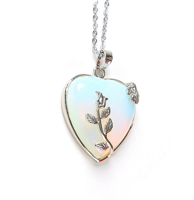 European Fashion Heart Stone Chain Necklace with Opal Love Pendant - Trendy Valentines Day Gift for Women