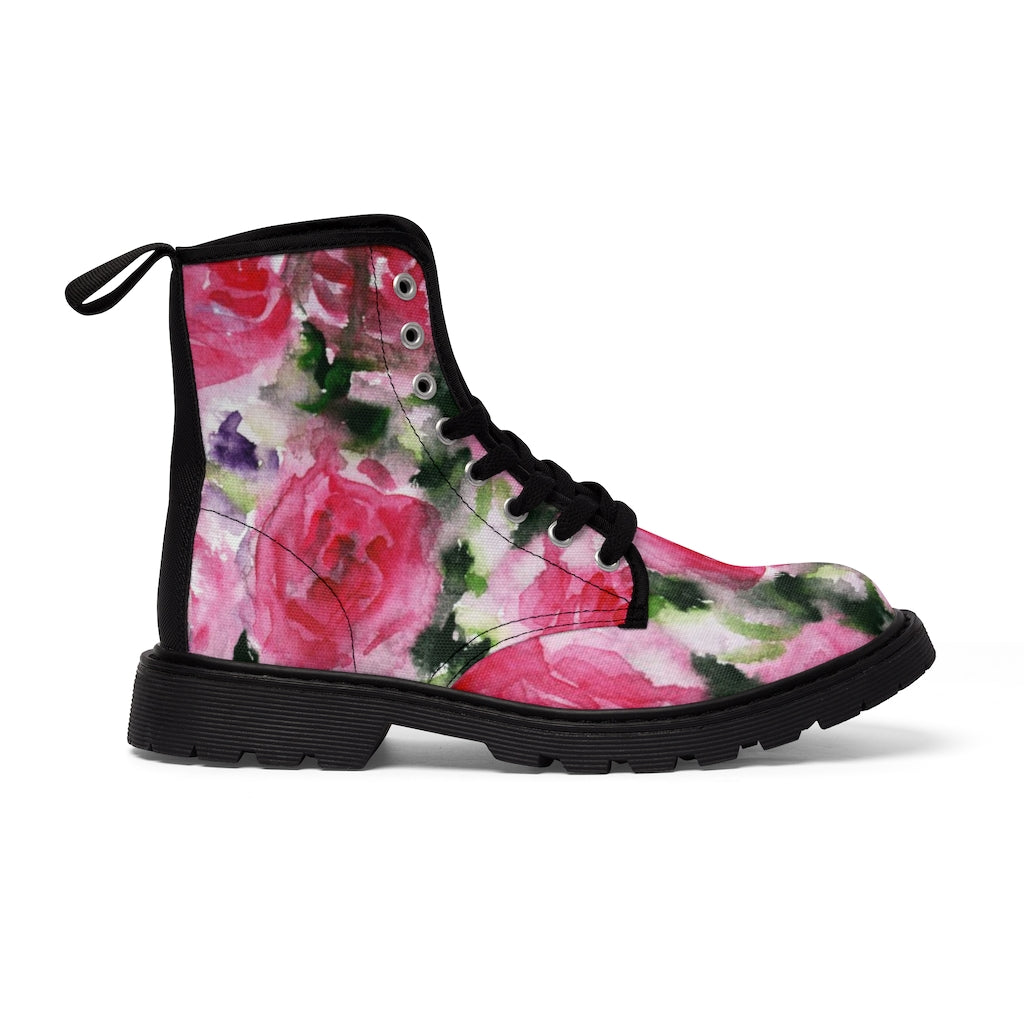 Abstract Pink Floral Women's Boots - Vintage Rose Print Designer Hiking Boots (US Size 6.5-11)