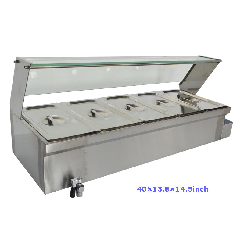 40Inch 5-Pot Bain-Marie Food Warmer (110V, 1500W, 5*1/3Pans) 6Inch Deep Pan
