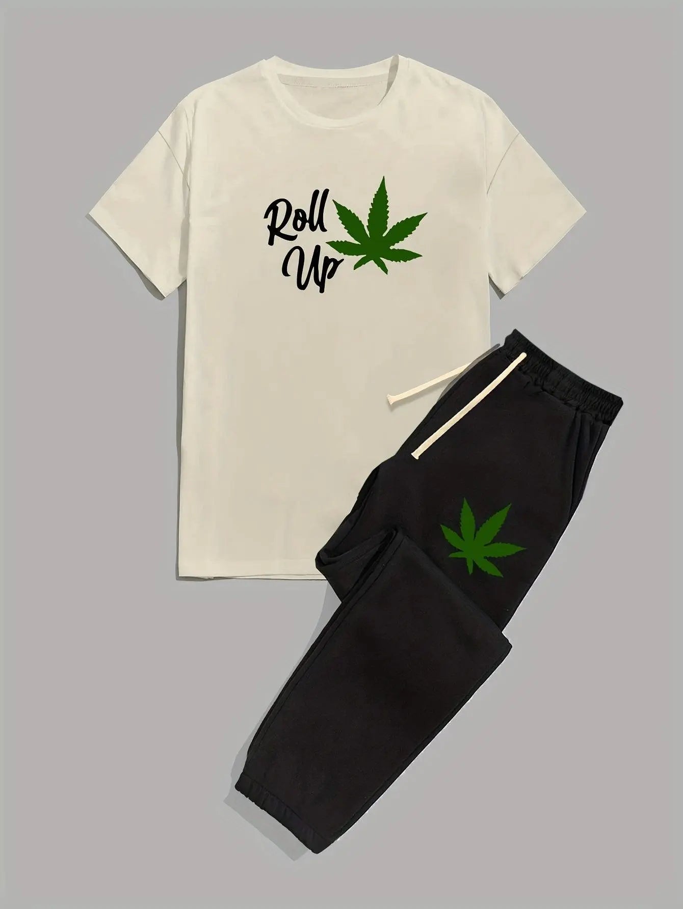 Mens Leaf Pattern T-Shirt and Drawstring Pants Set - Stylish Summer Outfit