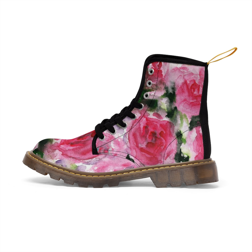 Abstract Pink Floral Women's Boots - Vintage Rose Print Designer Hiking Boots (US Size 6.5-11)