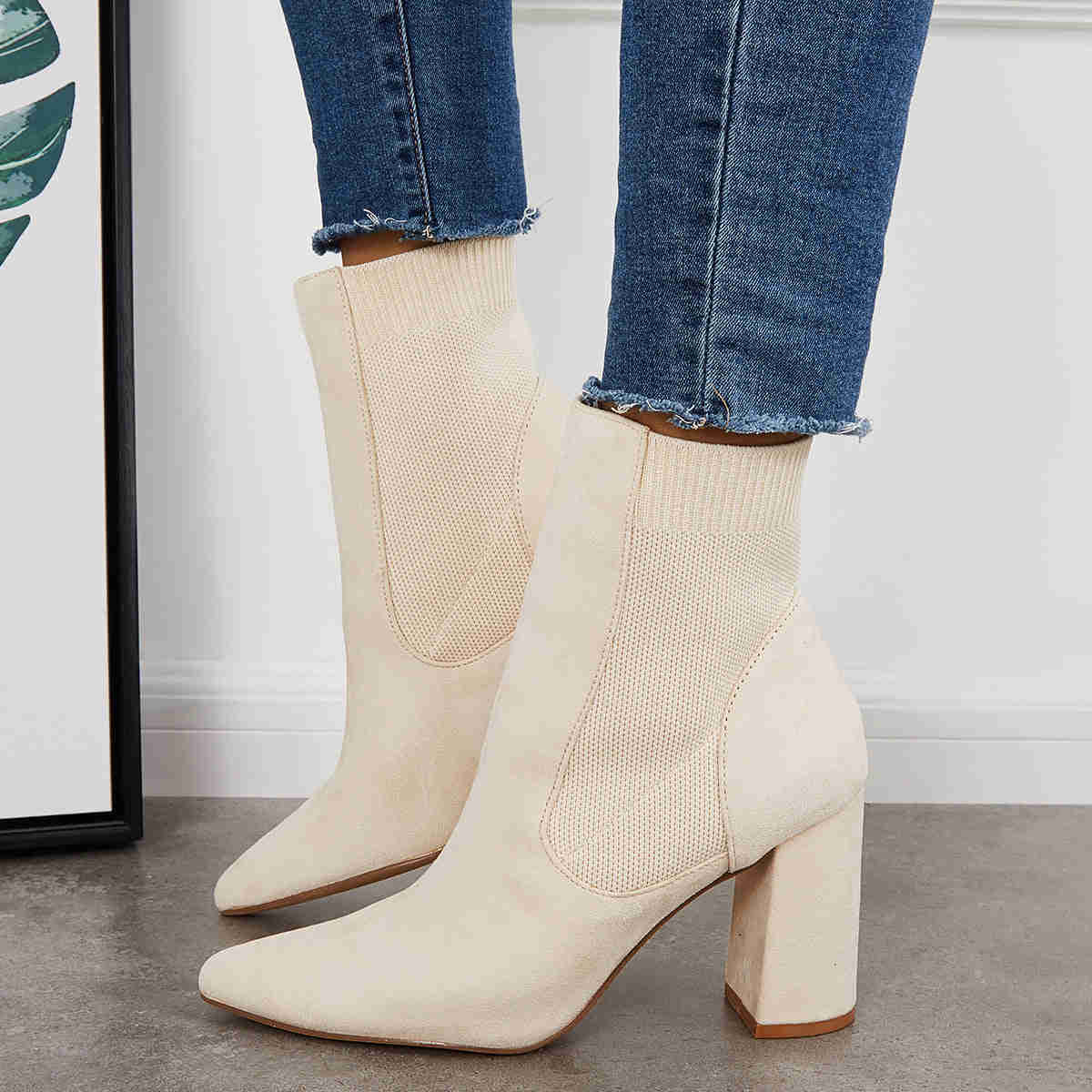 Chunky Block High Heel Ankle Boots - Western Suede Booties for Women
