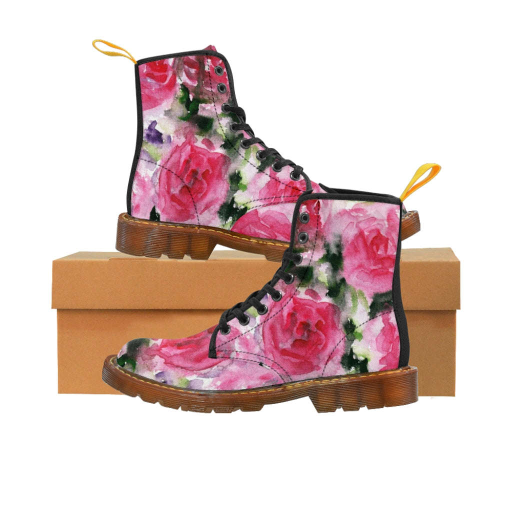 Abstract Pink Floral Women's Boots - Vintage Rose Print Designer Hiking Boots (US Size 6.5-11)