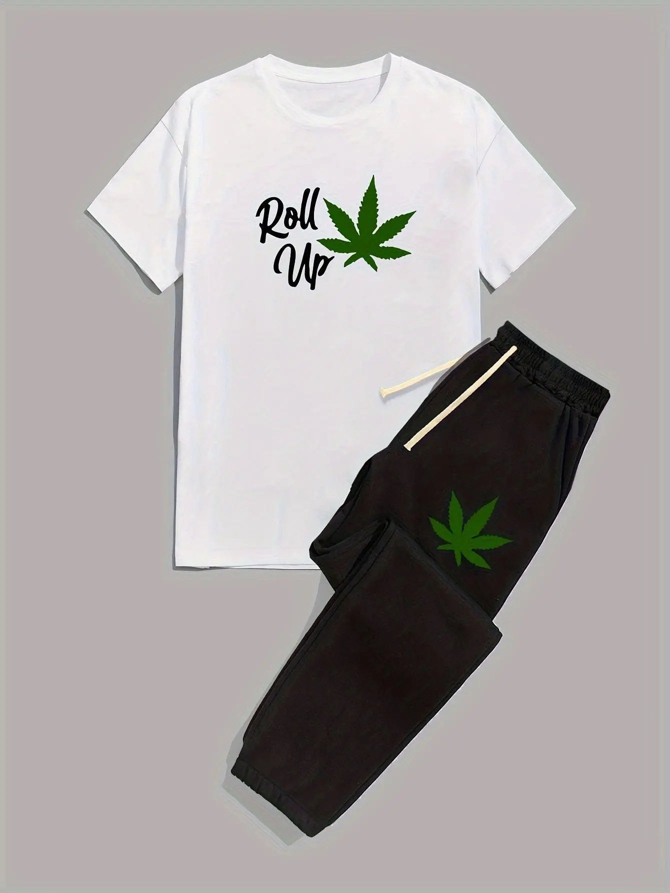Mens Leaf Pattern T-Shirt and Drawstring Pants Set - Stylish Summer Outfit