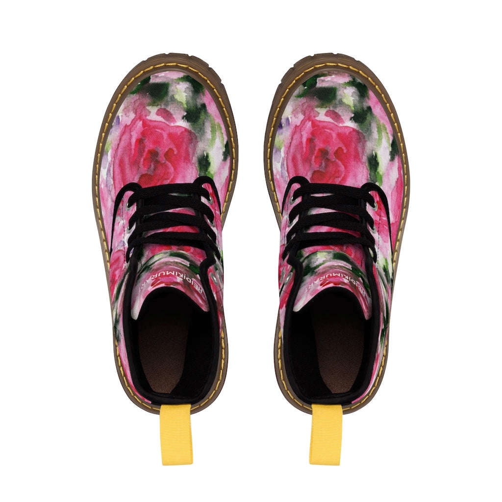 Abstract Pink Floral Women's Boots - Vintage Rose Print Designer Hiking Boots (US Size 6.5-11)